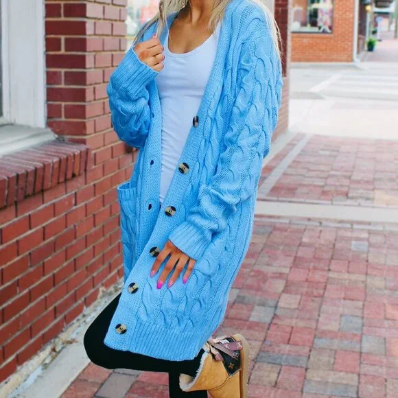 Long Sleeve Cable Knit Chunky Cardigan Open Front Button Sweater with Pockets - Picture 8 of 8